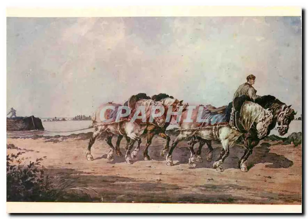 Cavalos de tração puxando um barco de canal vazio na Basse-Seine — Aquarela de Emile Jolly, cerca de 1880 — Ed. Ass. des Amis du Musée de la Batellerie - Frente
