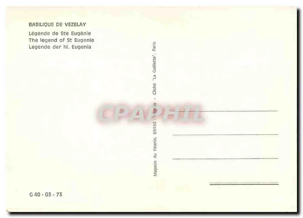 Basílica de Vézelay — Lenda de Santa Eugênia — Editor Vézelay, n° G 40 - 03 - 73 - Verso
