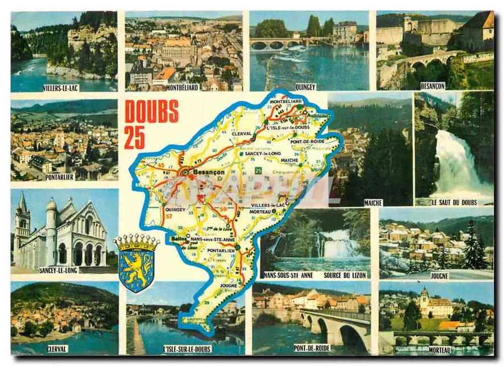 Doubs — cartão postal turístico com mapa e fotos de locais — editor Combier Imprimeur - Frente