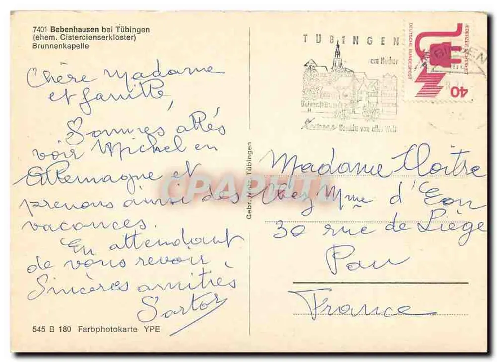Bebenhausen bei Tübingen — Ehemaliges Zisterzienserkloster — Verlag YPE, Nr. 545 B 180 - Rückseite