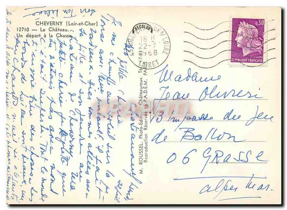 Schloss Cheverny — Abreise zur Jagd — M. ROUSSEL, Foto-Verlag, Châteauroux - Rückseite