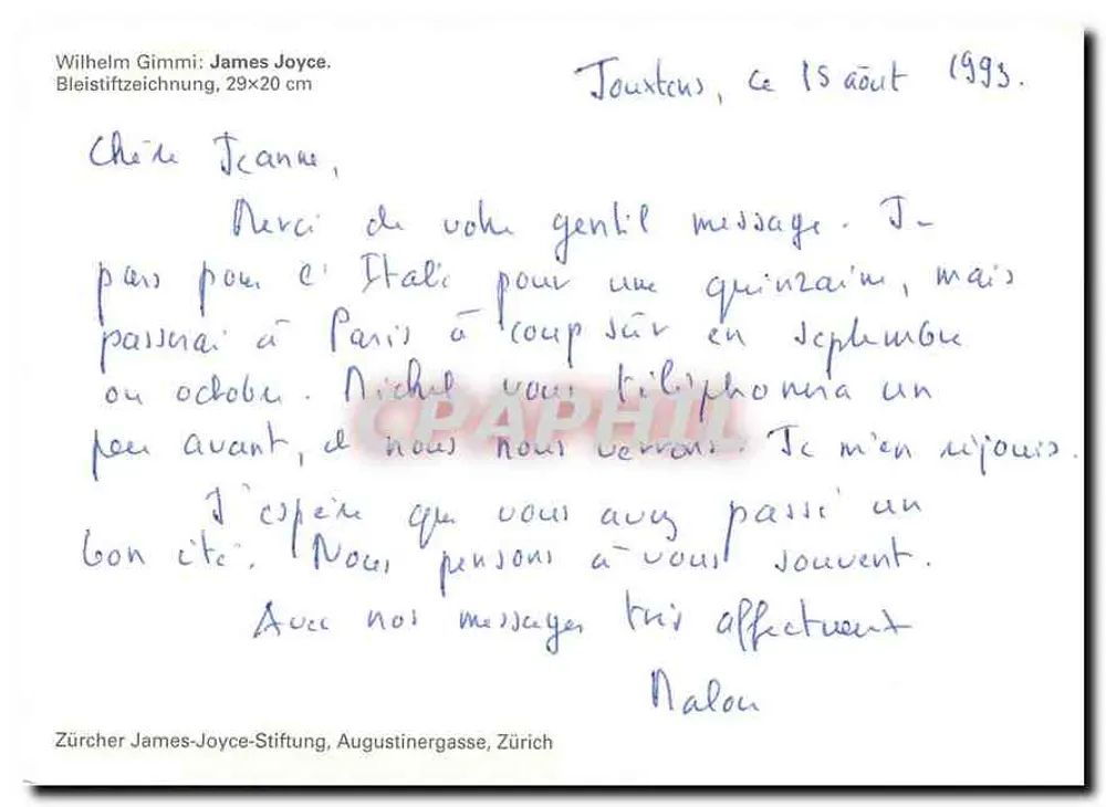 James Joyce — retrato a lápis — Wilhelm Gimmi, Zürcher James-Joyce-Stiftung - Verso