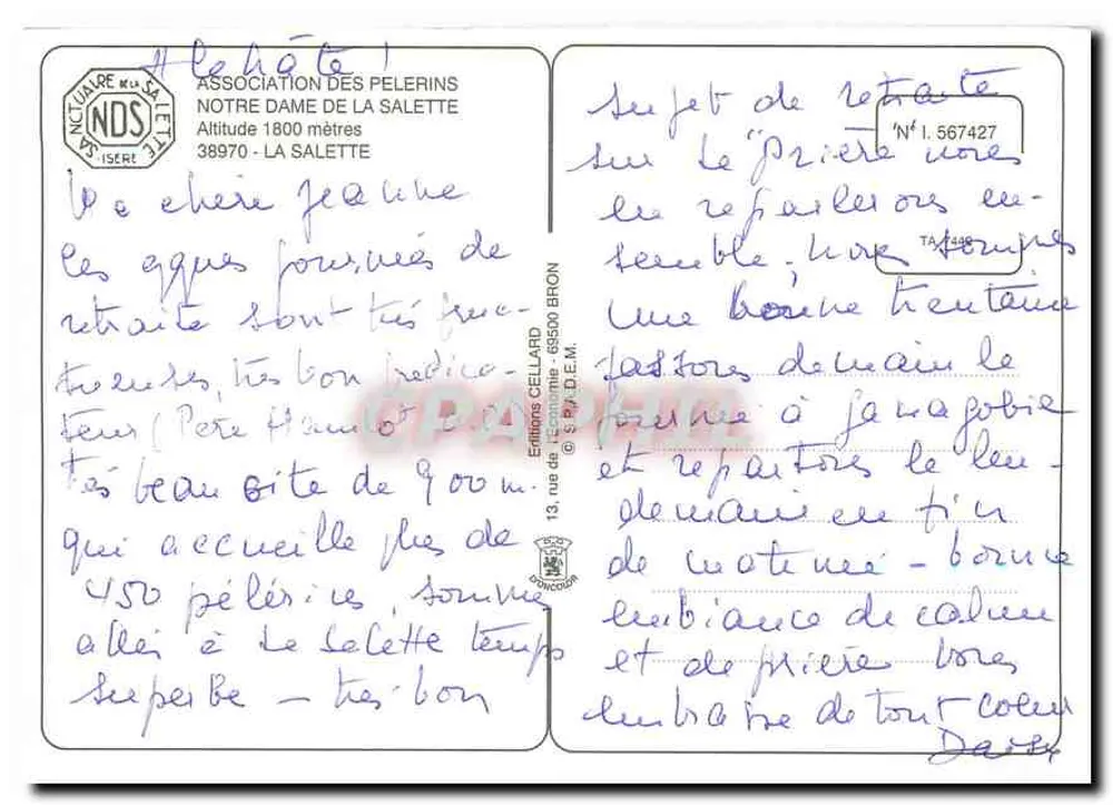 Nuestra Señora de La Salette — Editor Cellaard, N° 567427 - Reverso