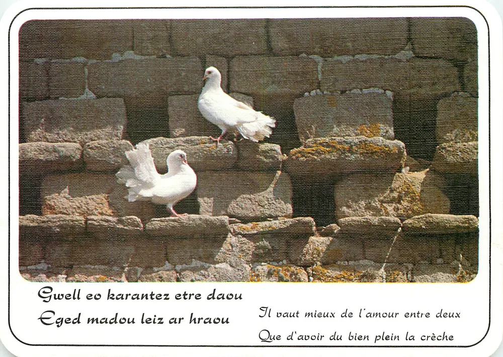 Duas pombas em muro de pedra — Sagesse de Bretagne — Editions d'Art JOS, Châteaulin - Frente