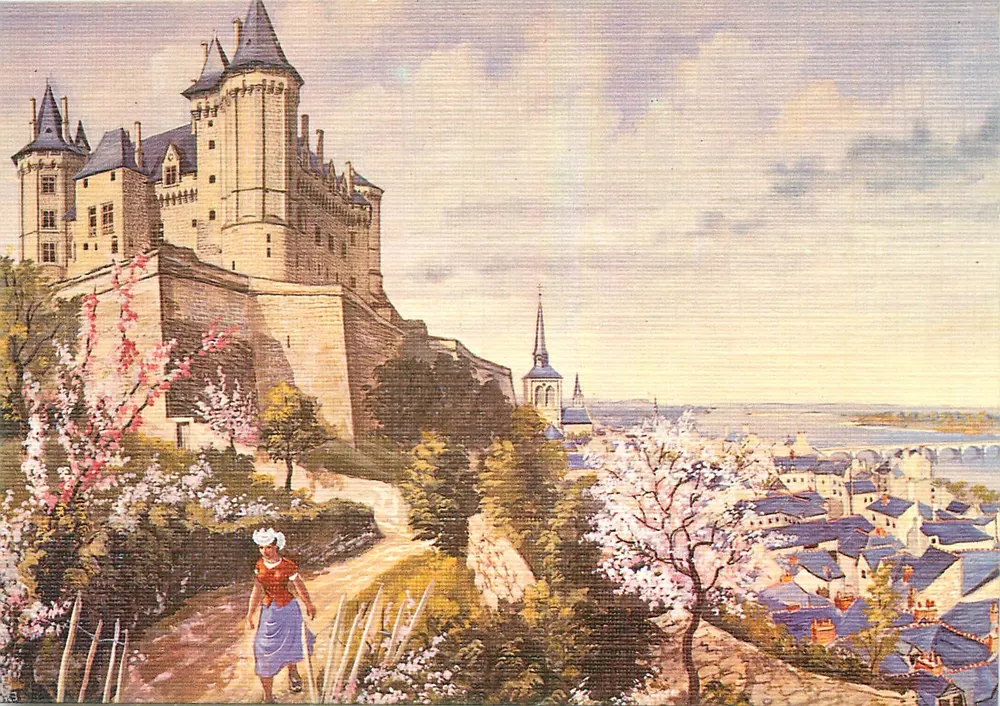 Castelo de Saumur — vista pitoresca com mulher em traje tradicional — editor ARTAUD Frères, Nantes - Frente