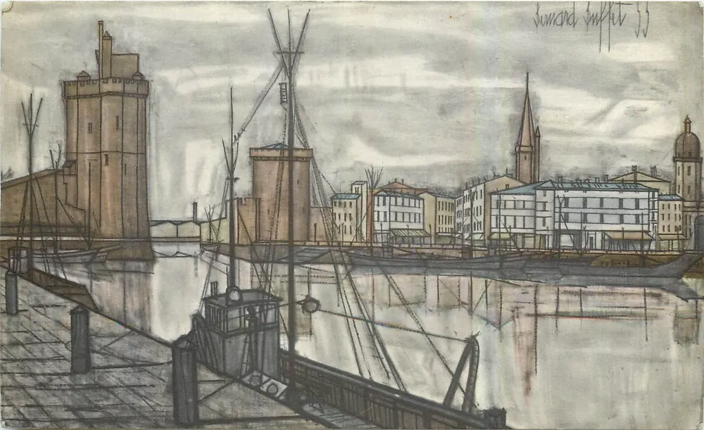 Vista do porto de La Rochelle — desenho — Bernard Buffet, 1953 - Frente