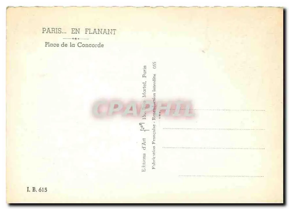 Place de la Concorde — Obélisque de la Concorde e Torre Eiffel em segundo plano — Éditions d'Art, I.B. 615 - Verso