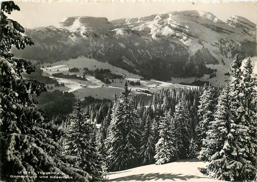 Toggenburg e Käserbruck — vista invernal nevada — Verlag Beringer & Paluchi, Zurique, n° U 9248 - Frente