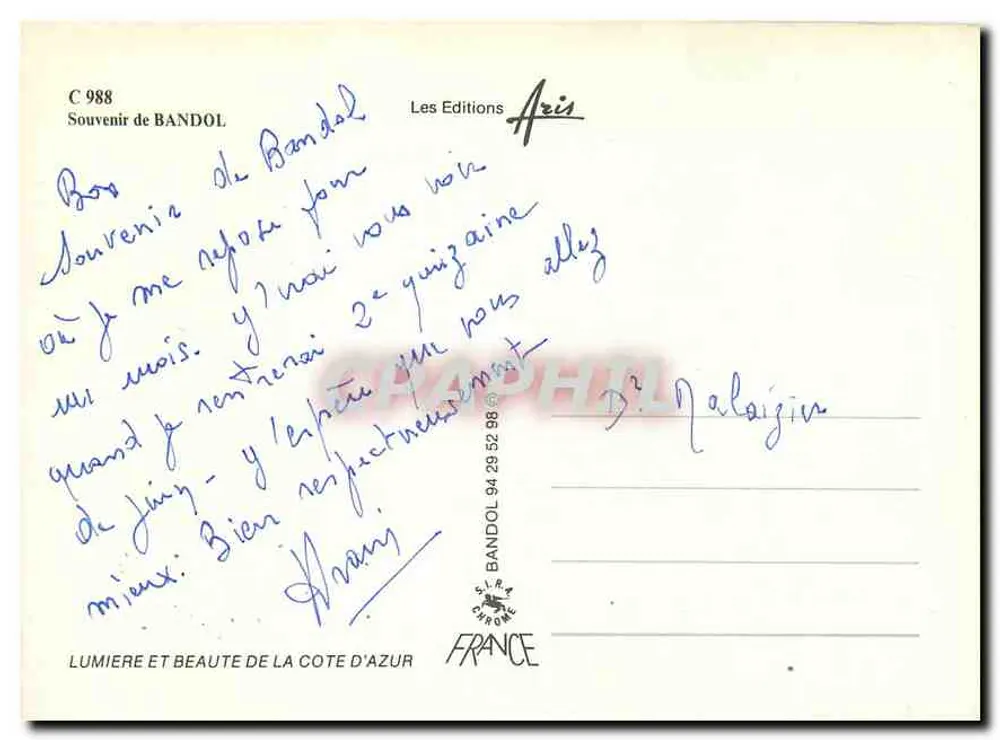 बैंडोल — अजूबा के रूप में अज़ूर के तट की रोशनी — एडिशन अरिस, संख्या C 988 - पीछे
