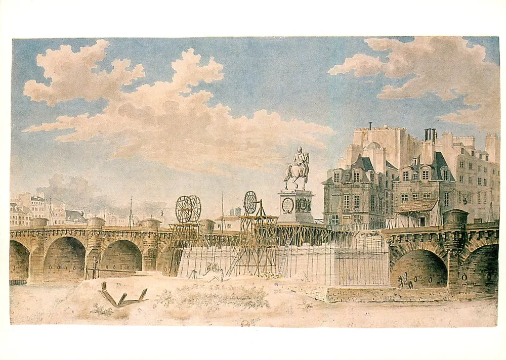 Errichtung der neuen Statue von Henri IV (Pont-Neuf) — um 1820 — Anonym, Bibliothèque Nationale, Destailleur Nr. 1136 - Vorderseite