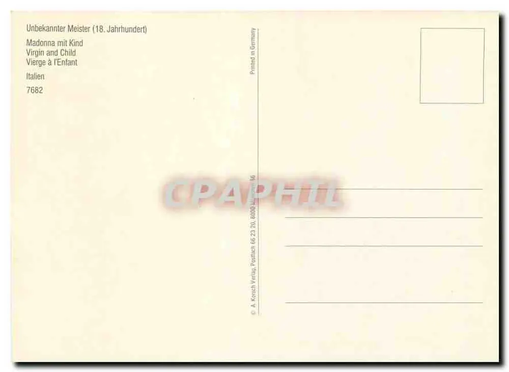 Madonna z Dzieciątkiem — reprodukcja malowidła włoskiego z XVIII wieku — A. Koesch Verlag, nr 7682 - Rewers