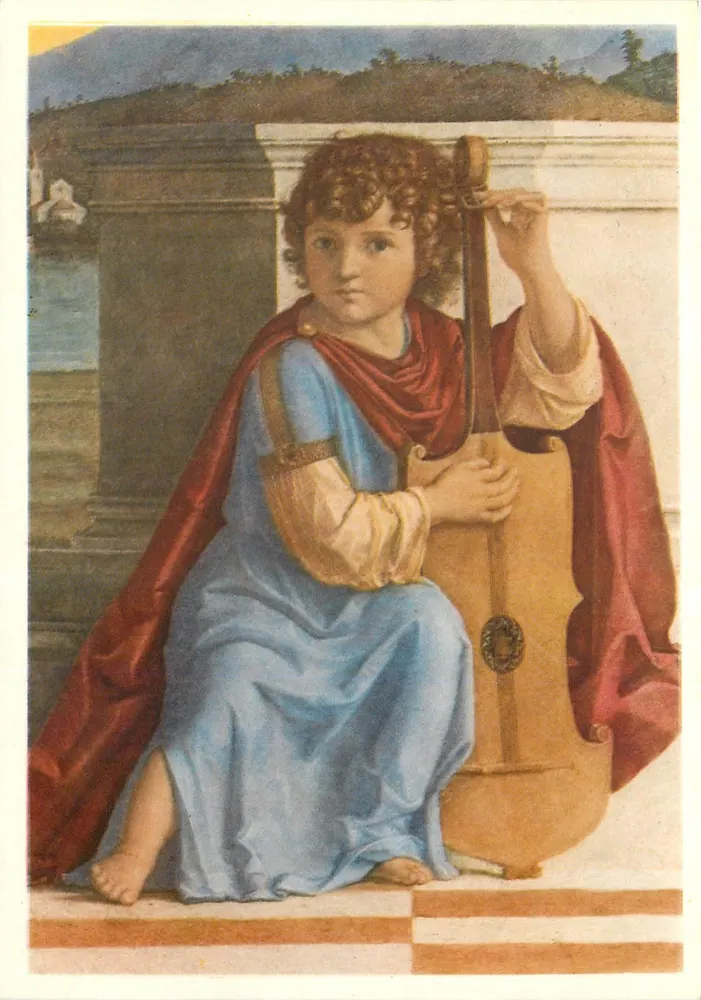 Criança músico — pintura italiana — Angélo Musicante, Milão, firme de perra - Frente