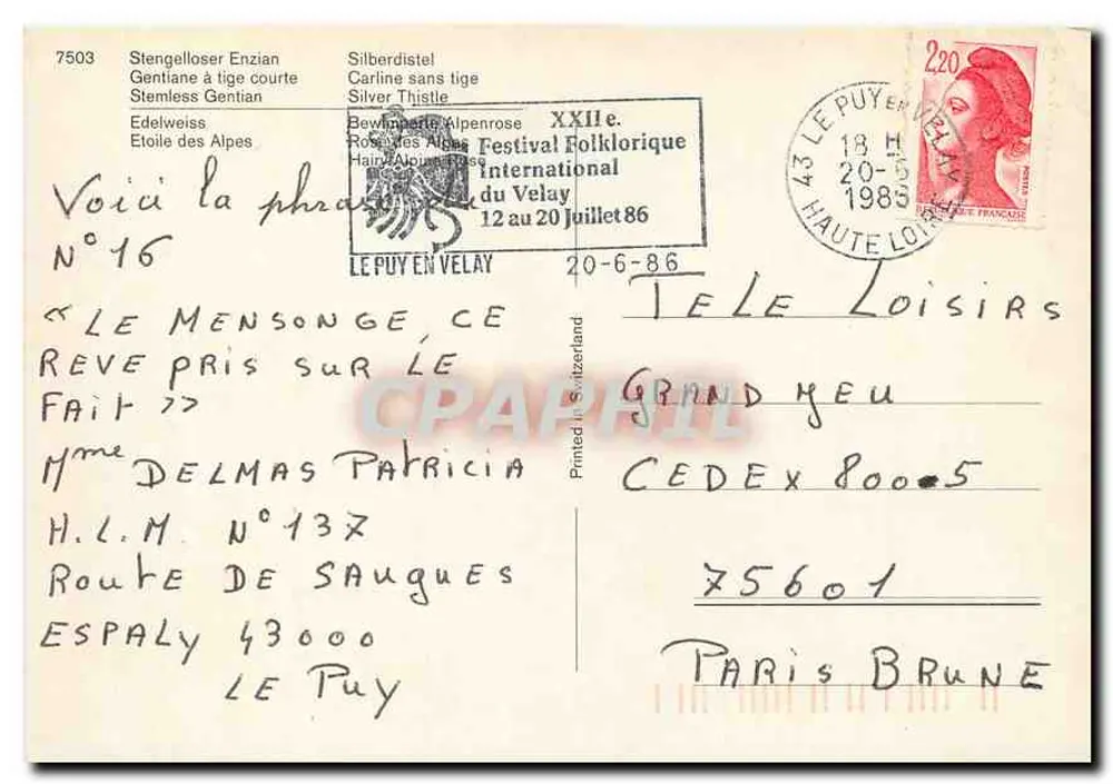 Flores alpinas — Festival Folclórico do Velay 1986 — Le Puy-en-Velay - Verso