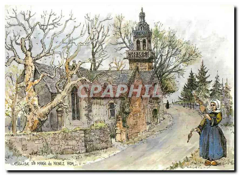 Église Sainte Marie du Menez Hom — aquarelle originale de Robert Lepine — Éditions d'art A.D.E.M. - Recto