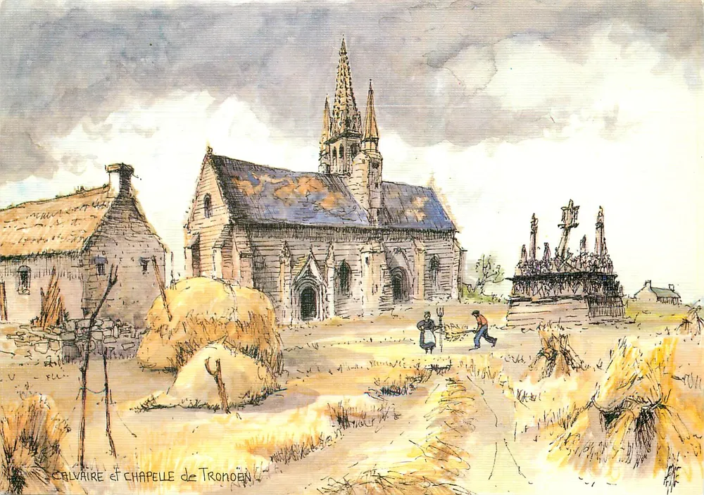 Calvaire et chapelle de Tronoën — aquarelle originale de Robert Lepine — édition P.A.D.E.M. Paris - Recto