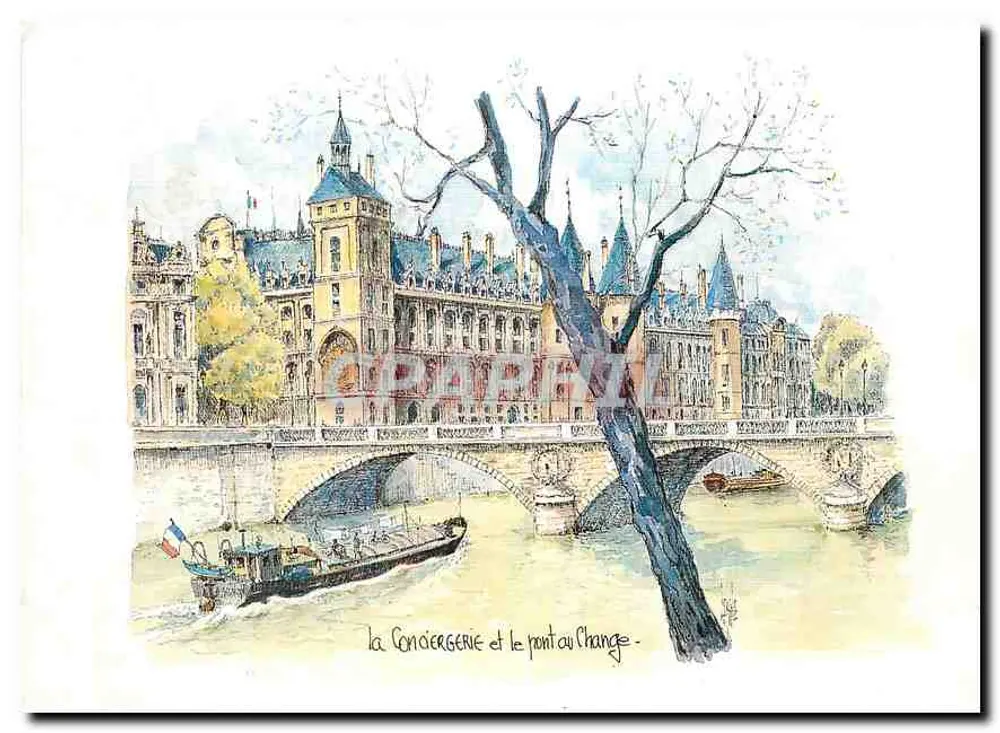 La Conciergerie and the Pont au Change — watercolor by Robert Lepine - Front