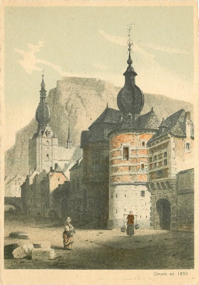 Dinant em 1850 — vista da porta da cidade com dois personagens — editada pela Câmara de Comércio de Dinant - Frente