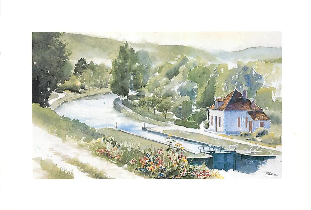 Kanal der Bourgogne — Ansicht mit Schleuse und Haus — Aquarell von Véronique Poulleau, Editionen Sassagniac Dijon - Vorderseite