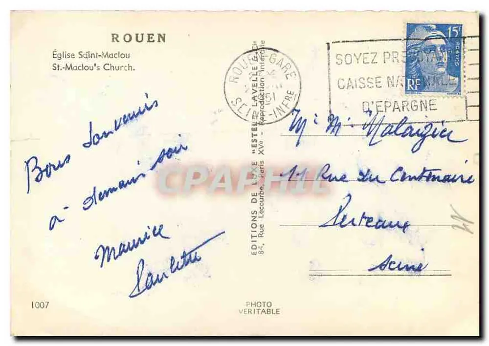 Igreja de São Maclou — Rua — Editor Estel, n° 1007 - Verso