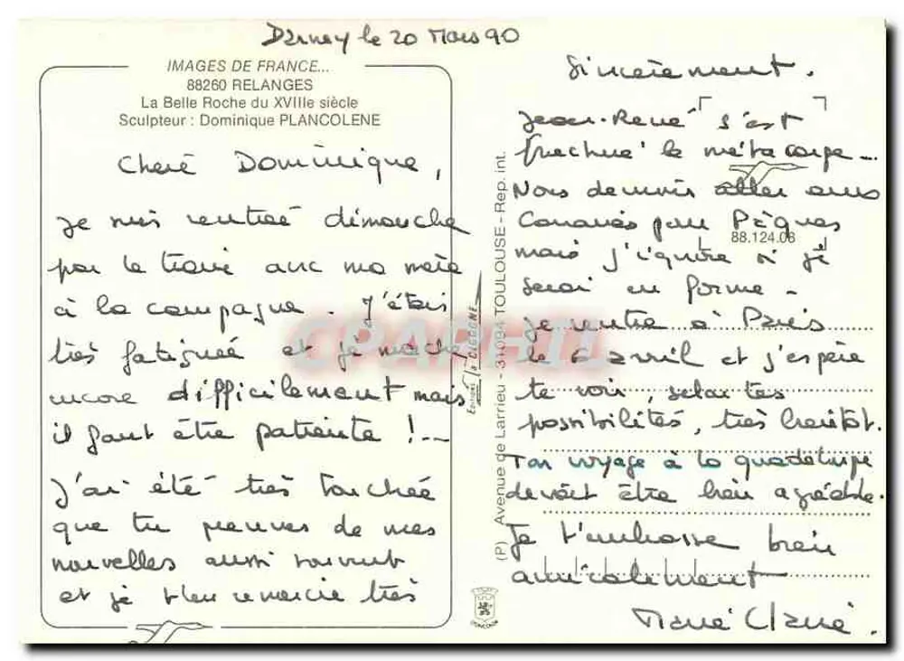La Belle Roche du XVIIIe siècle — Sculpteur : Dominique PLANCOLENE — Éditeur : IMAGES DE FRANCE, 88260 RELANGES - Verso