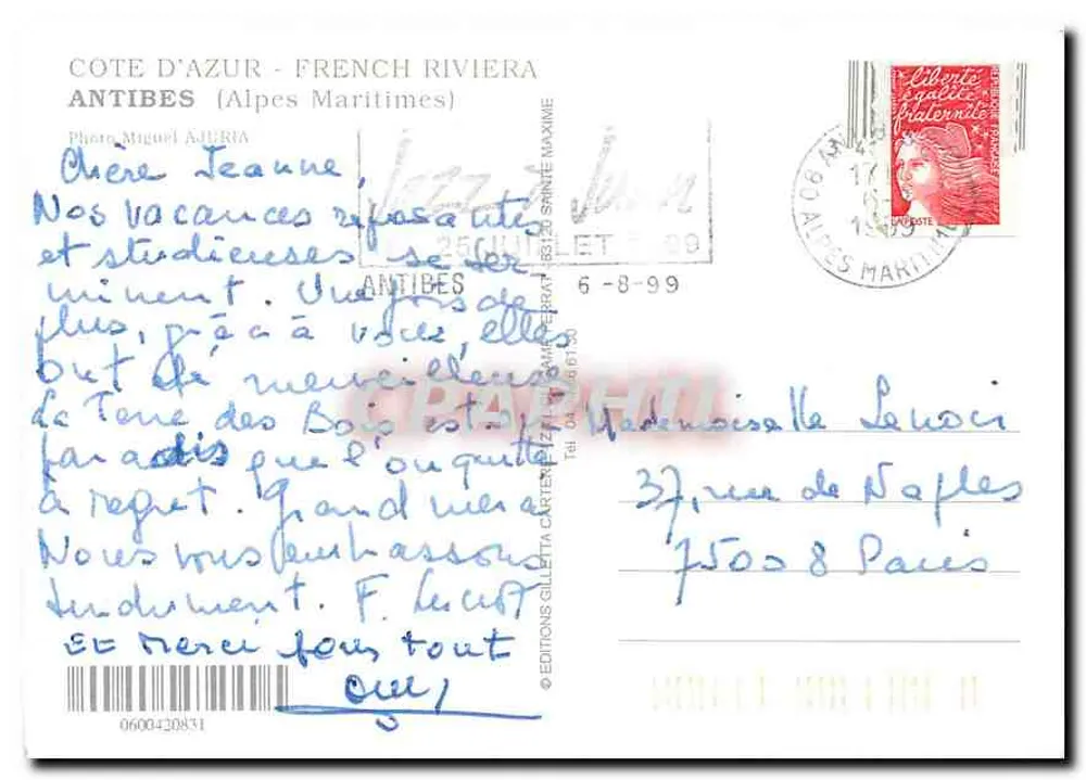 Antibes — escrita na areia e vista do porto — Éditions Gillette Carte Maxime - Verso