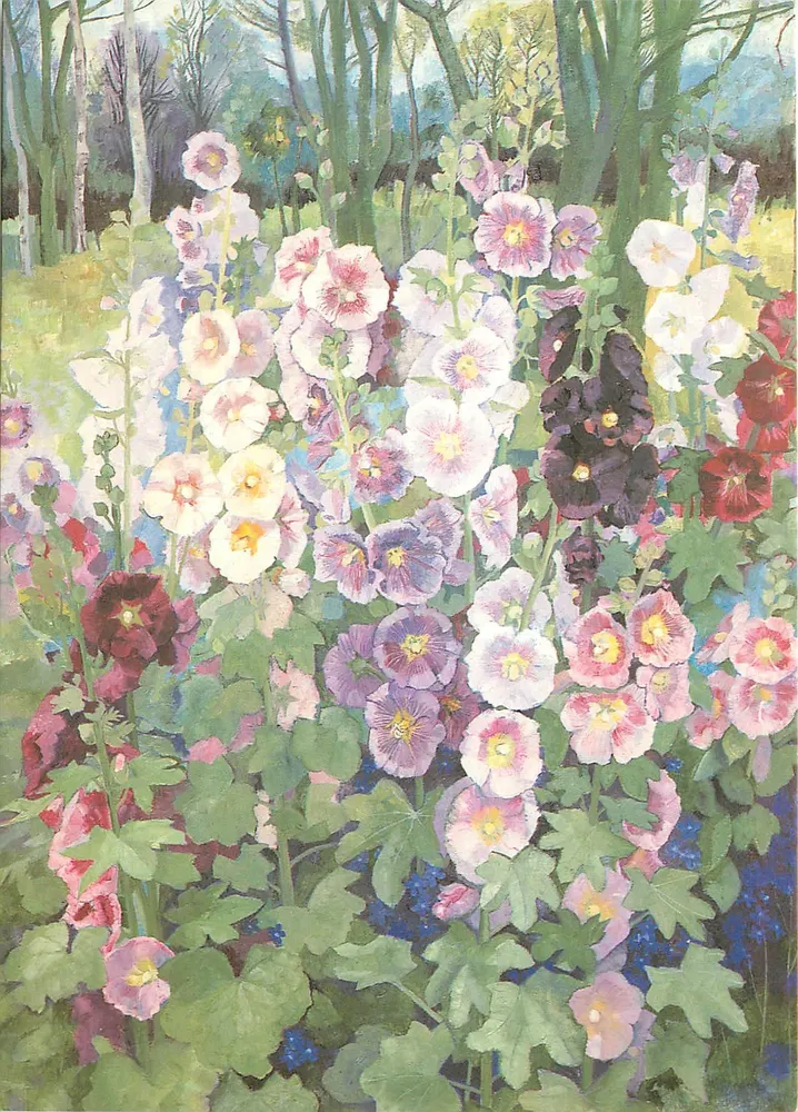 Hollyhocks em flor — detalhe — The Medici Society Ltd., London, PC 2309 - Frente
