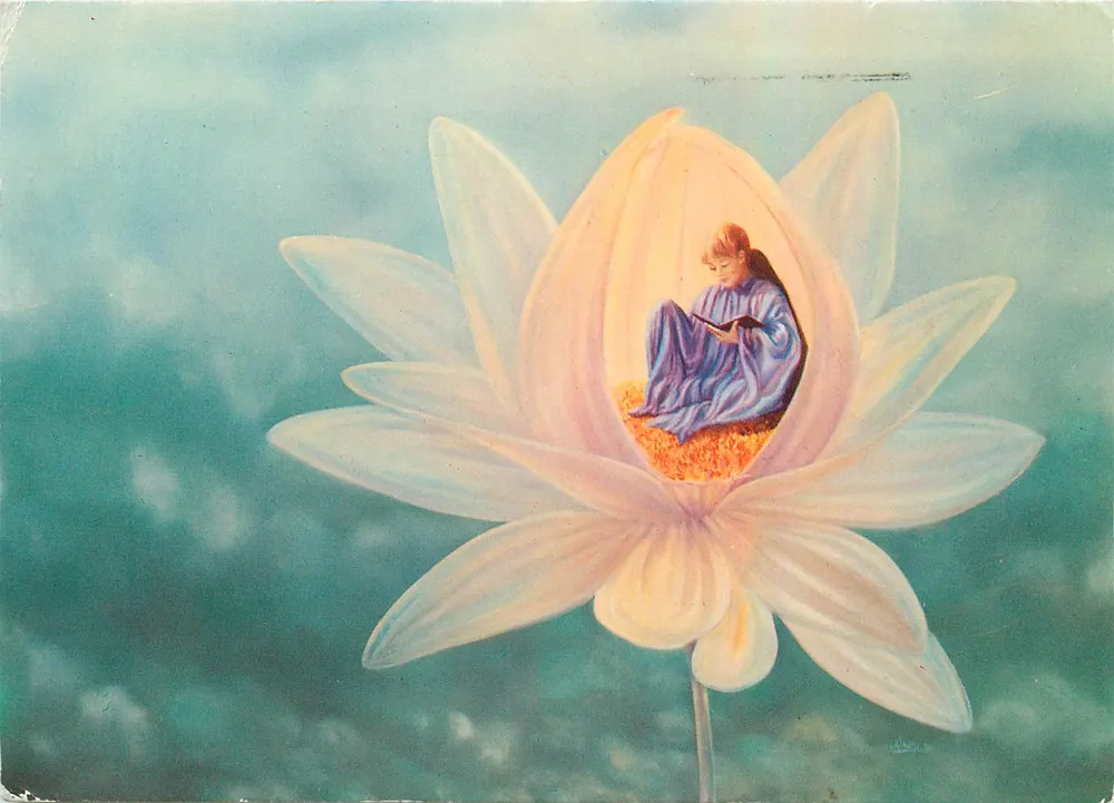 Mulher em uma flor de lótus — pintura original de Annie Lauro — Impressora Montibus, St-Léonard - Frente