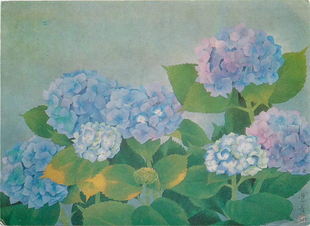 Hortênsias — pintura a óleo — editor desconhecido, número de série não visível - Frente