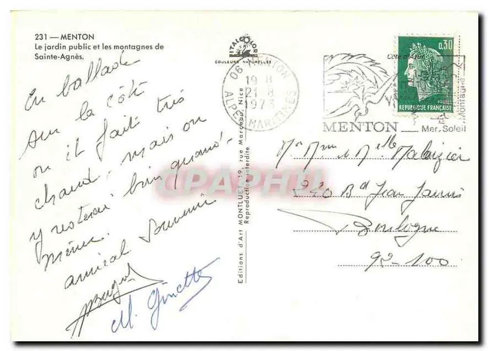 Öffentlicher Garten und Berge von Sainte-Agnès — Menton — Éditions d'Art Montulet - Rückseite