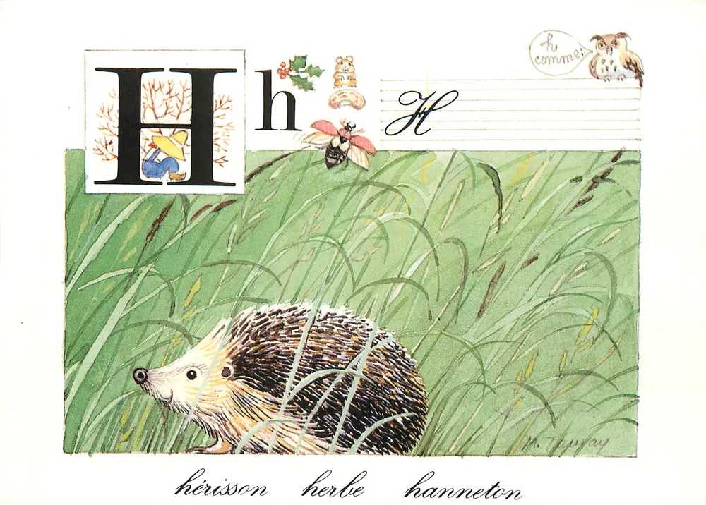 H - hiberneton, búho, hierba, erizo — Monique Touvay - Les Quatre Zéphires - Anverso