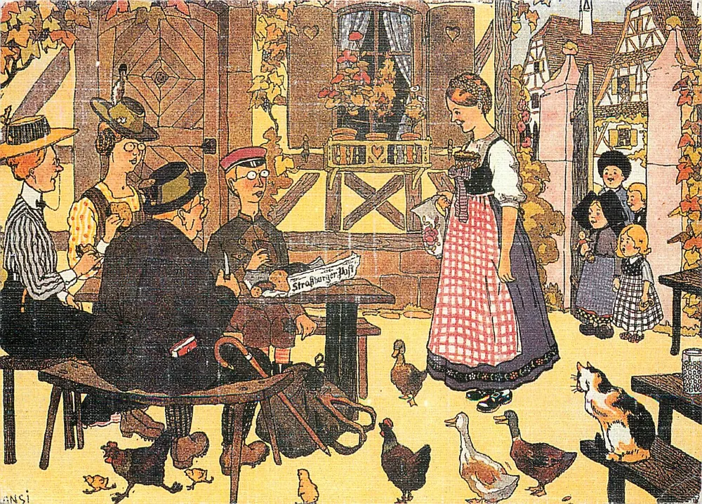 Cena de rua em Strasbourg — desenho de Hansi (1873-1951) — editor S.P.A.D.E.M. - Frente