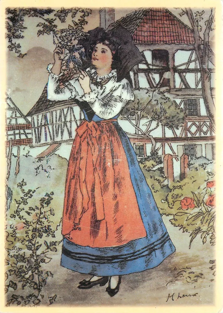 Frau im elsässischen Kleid — vor einem Fachwerkhaus — Zeichnung von Herrn Hans - Vorderseite