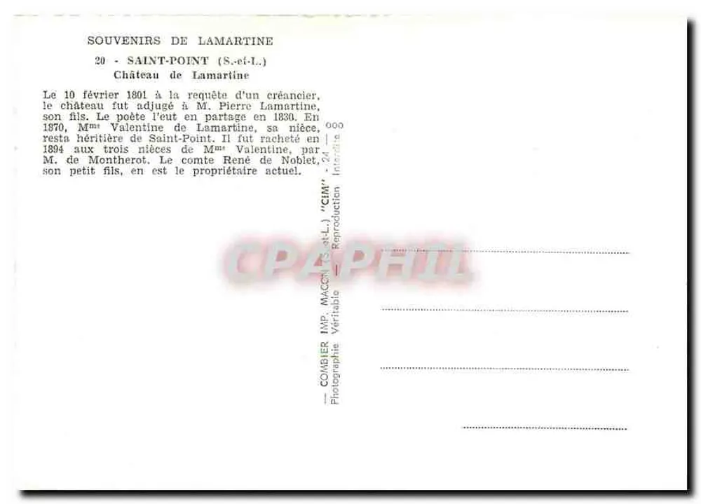 Schloss Saint-Point — Erinnerungen an Lamartine — Verlag Combiér - Rückseite