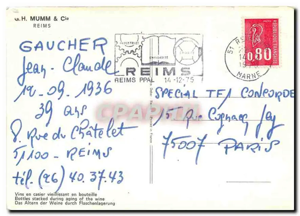 Caves de Reims — Vins en casier vieillissant en bouteille — G.H. MUMM & Cie - Verso