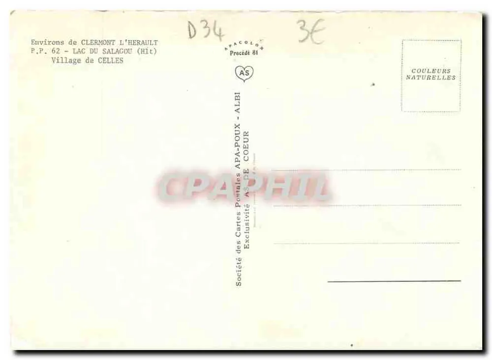 See Salagou — Dorf Celles — Gesellschaft der Ansichtskarten APA-POUX - ALBI - Rückseite