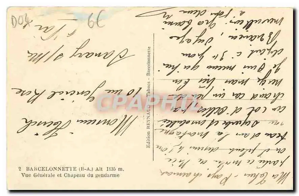 Barcelonnette — Vista General y Sombrero del Gendarme — Edición Reynaud, Tabbes - Reverso