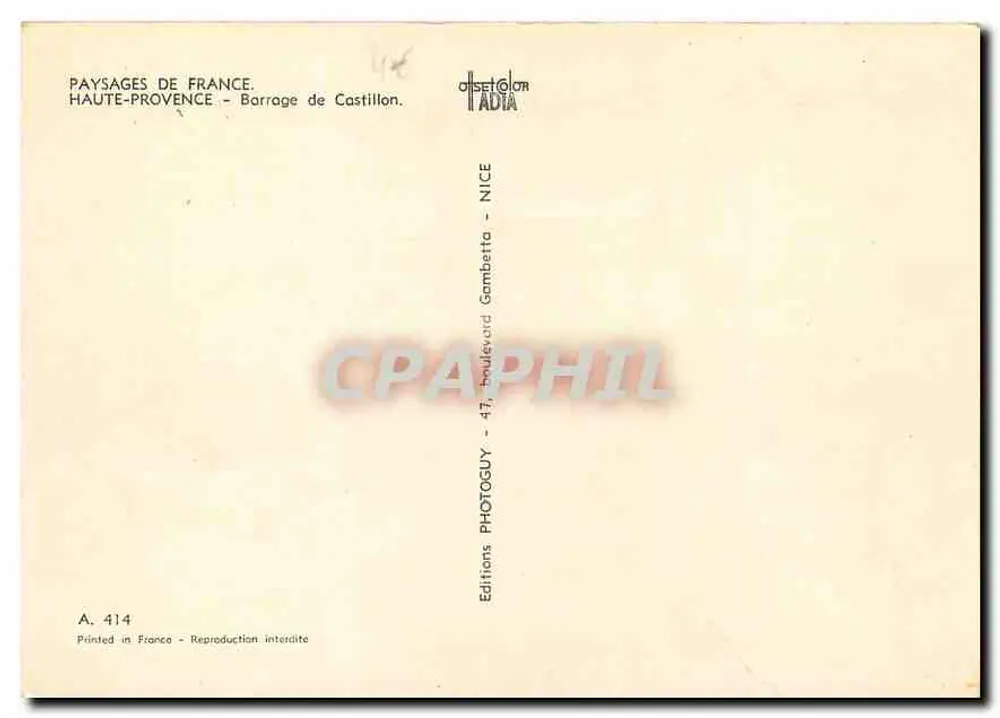 Staudamm Castillon — Wasserkraftanlage am Verdon — Verlag Photoguy, n° A.414 - Rückseite