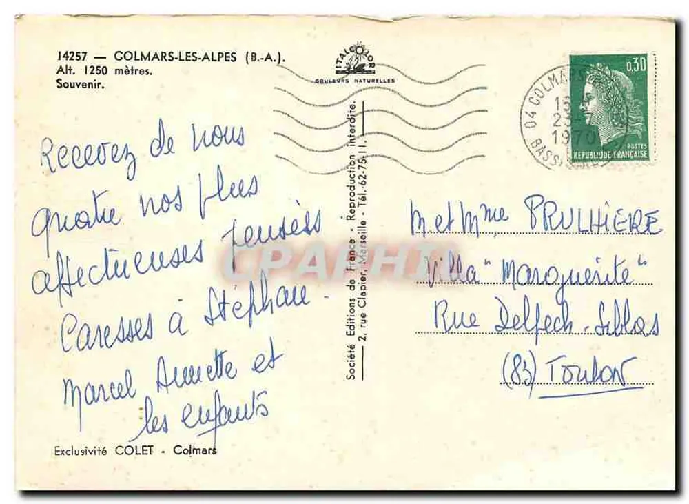 Colmars-les-Alpes — vista panorâmica com castelo, igreja e casa — Sociedade Edições da França - Verso