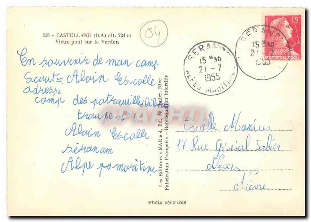 Castellane (B.A.) — Viejo puente sobre el Verdon — Ediciones MAR, Nîmes - Reverso
