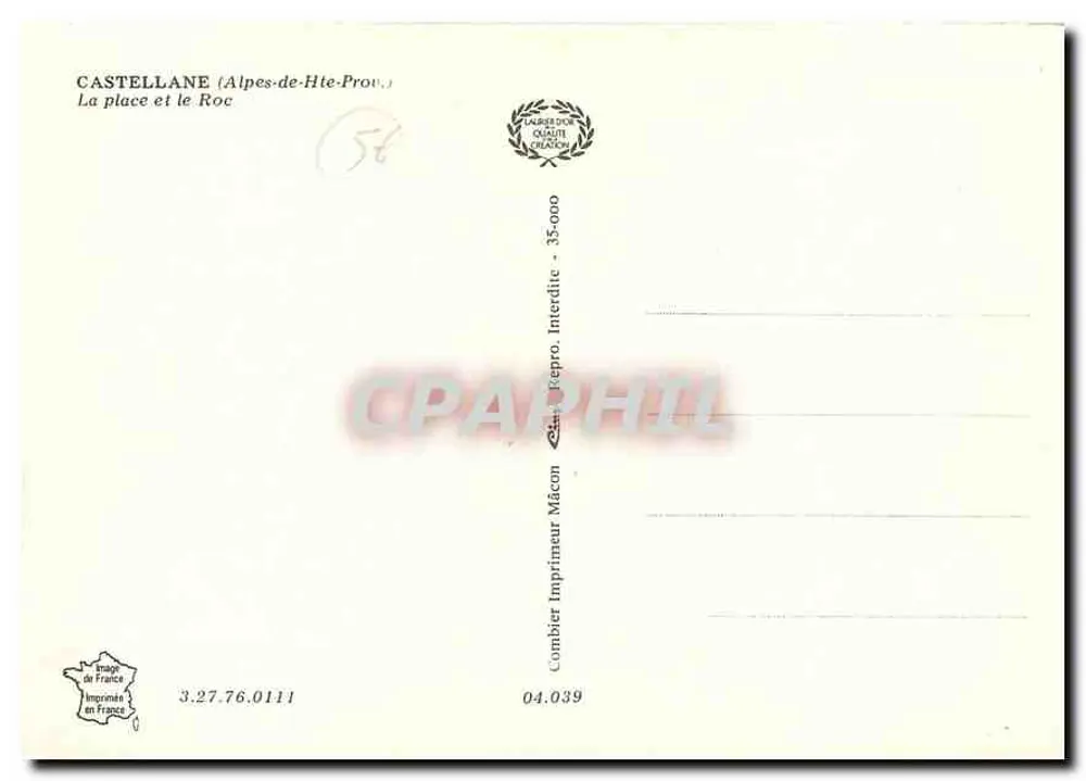 Castellane (Alpes-de-Haute-Provence) — La place et le Roc — Imprimeur Combier, n° 35-000 - Verso