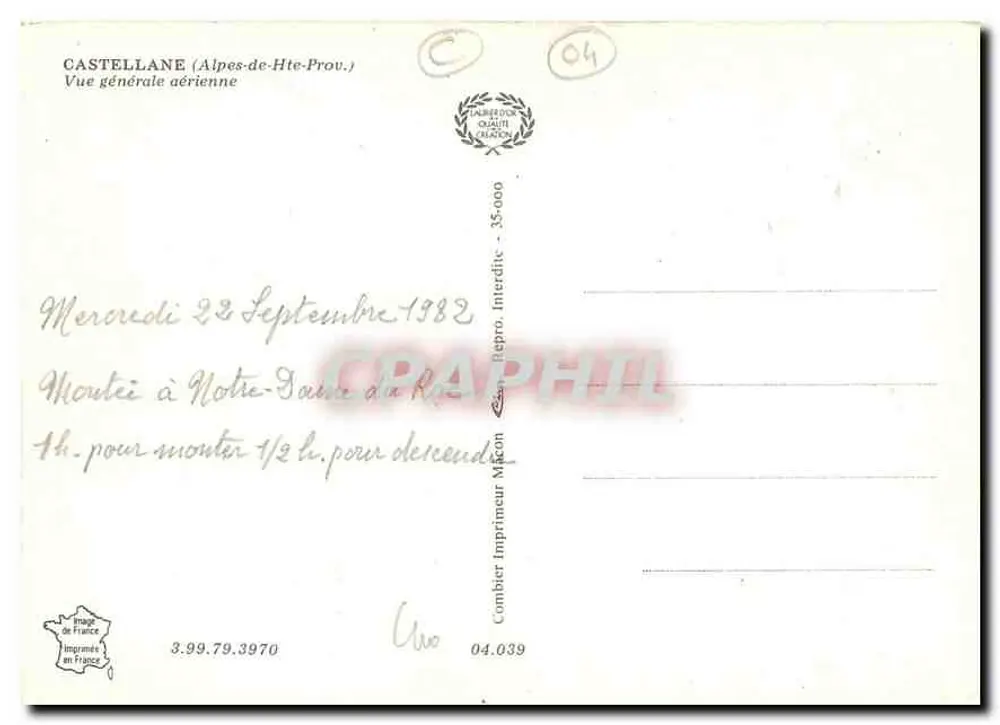 Castellane (Alpes-de-Haute-Provence) — Vue générale aérienne — Imprimeur Combier - Verso
