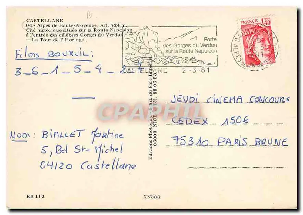 Castellane — Historische Stadt an der Napoléon-Route — Éditions du Parc Impérial, n° EB 112 - Rückseite