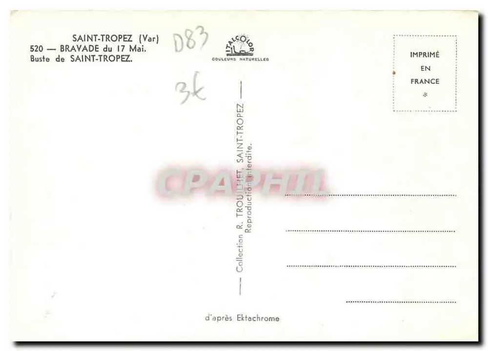 Busto de San Tropez — Bravade del 17 de Mayo — Colección R. Trouillet, Editor de Colores Naturales - Reverso