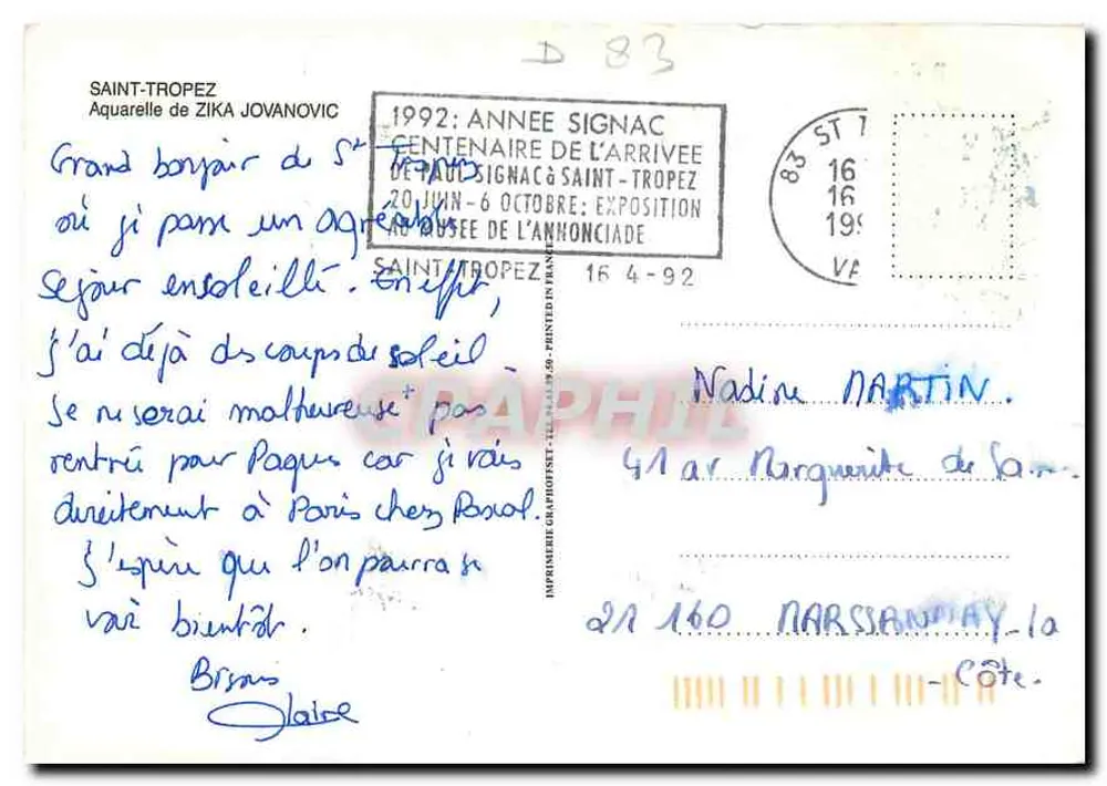Saint-Tropez — vista do porto e do Passage du Café de Paris — aquarela de Zika Jovanovic - Verso
