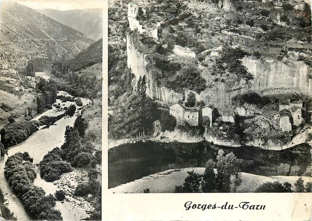 Les Gorges-du-Tarn — vista panorâmica com aldeia em falésia e vale — Édit. d'Art Larrey, n° 11 - Frente