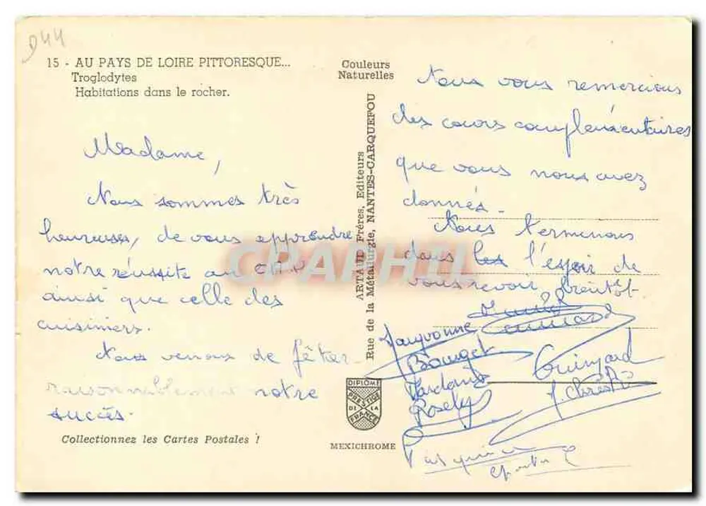 Trogloodyten im Felsen — Im pittoresken Pays de Loire — Verleger ARTA DE FRÈRES, NANTES-CARQUEFOU - Rückseite