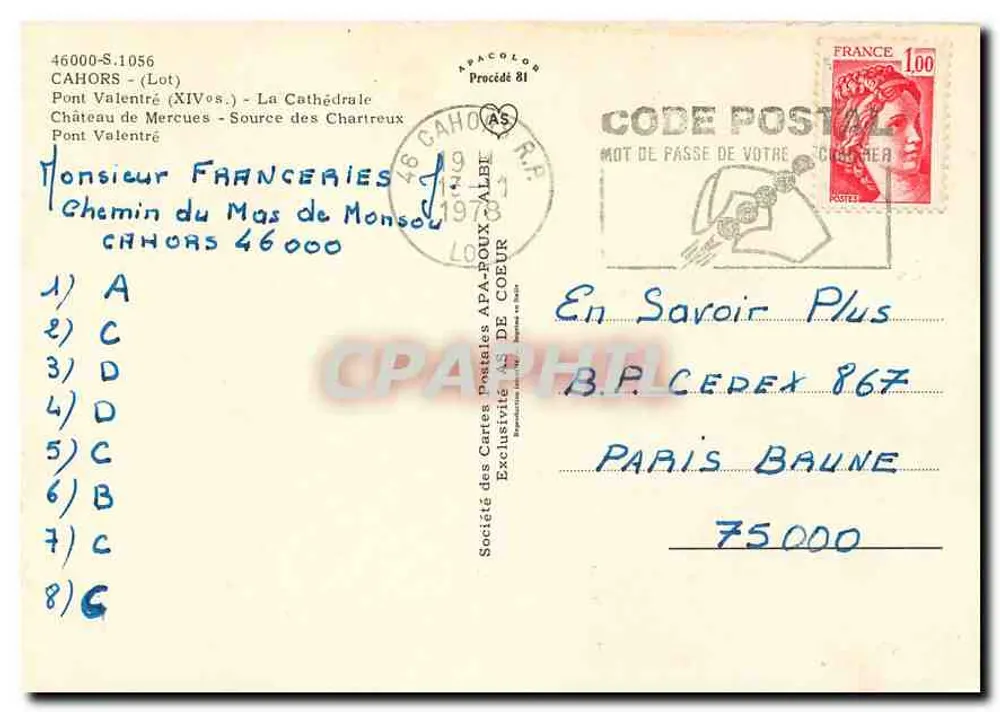 Cahors — Panoramablick mit Kathedrale, Brücken und Schloss — Verlag APA-COLOR, Seriennummer 46000-S.1056 - Rückseite