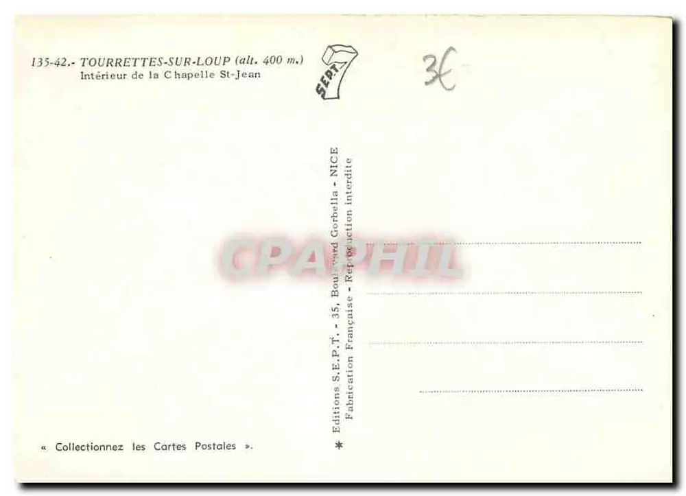 Intérieur de la chapelle Saint-Jean — Tourrettes-sur-Loup (alt. 400 m) — Éditions S.E.P.T. - 35, Boulevard Gorbella - Nice - Verso