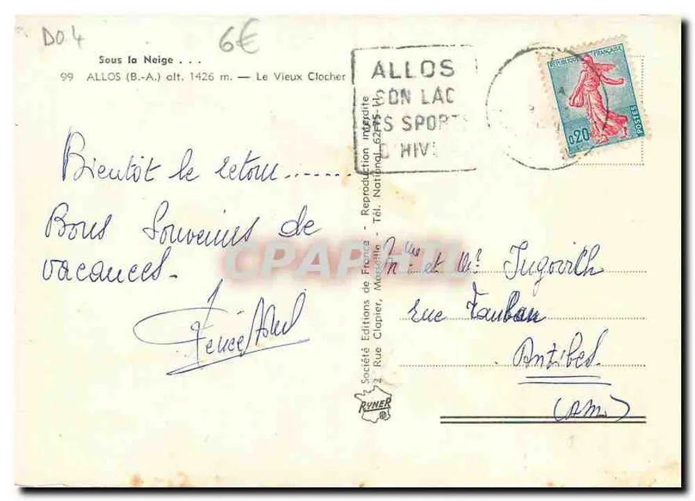 Allos — Le Vieux Clocher sous la neige — Éditions de France, Marseille - Verso