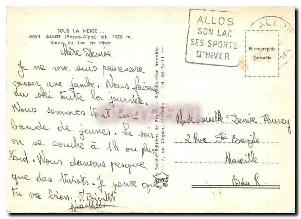 Allos (Basses-Alpes) — Unter Schnee, Straße zum See — Société Éditions de France, Marseille - Rückseite